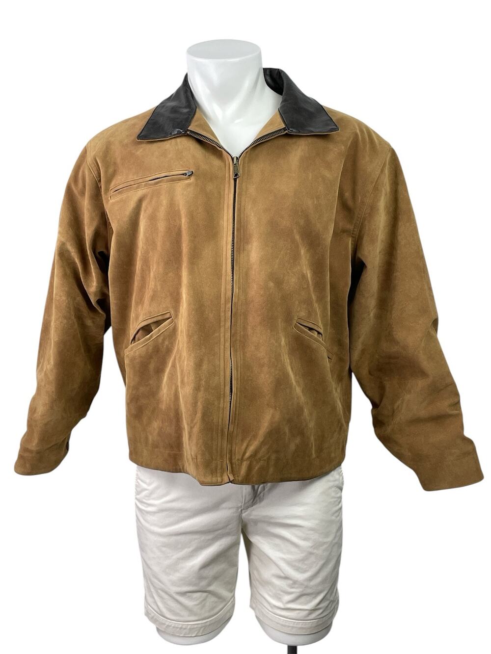 Blackicon Men's Tan Suede Full Zip Long Sleeve Collared Bomber Jacket Size L
